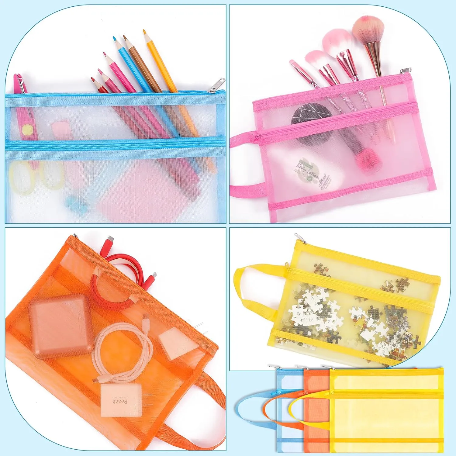 6 Pack Mesh Zipper Pouch Bags, Double Layer Nylon Pouch with Handle for Office Travel Organization (Orange, A5)