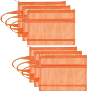 6 Pack Mesh Zipper Pouch Bags, Double Layer Nylon Pouch with Handle for Office Travel Organization (Orange, A5)
