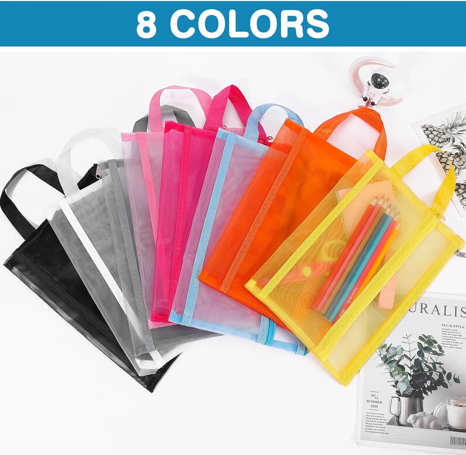 6 Pack Mesh Zipper Pouch Bags, Double Layer Nylon Pouch with Handle for Office Travel Organization (Orange, A5)