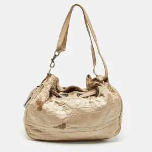 Beige Cannage Nylon and Leather Drawstring Bag