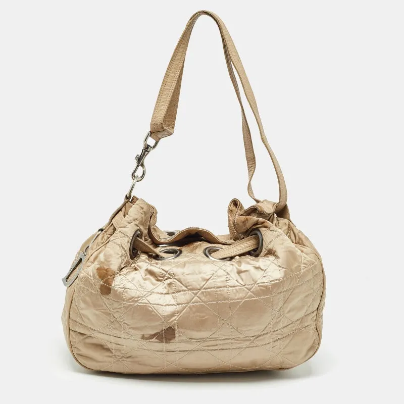 Beige Cannage Nylon and Leather Drawstring Bag