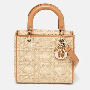 Beige Raffia and Leather Medium Lady Tote