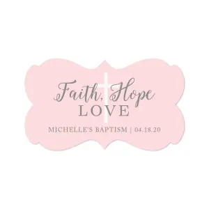 Blush Pink and Gray Baby Girl Baptism Personalized Fancy Frame Label Stickers, Faith Hope and Love