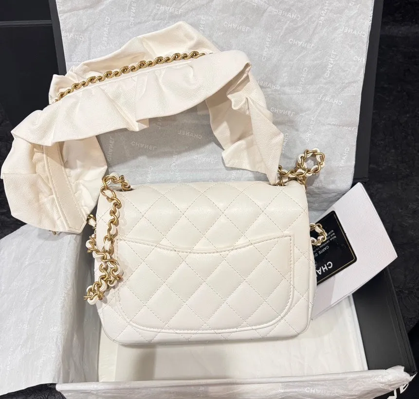 BRAND NEW Chanel Classic Flap White Gold Shoulder Bag Full Set
