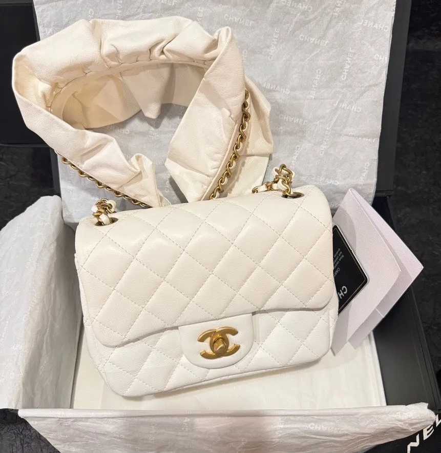 BRAND NEW Chanel Classic Flap White Gold Shoulder Bag Full Set