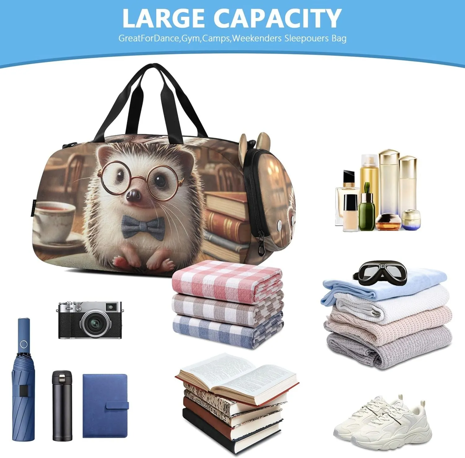 Carry on Duffel Bag Boy Vintage Hedgehog Library Cozy Weekend Duffel Overnight Girls Duffle Bags Travel Tote Dance Duffle Bag