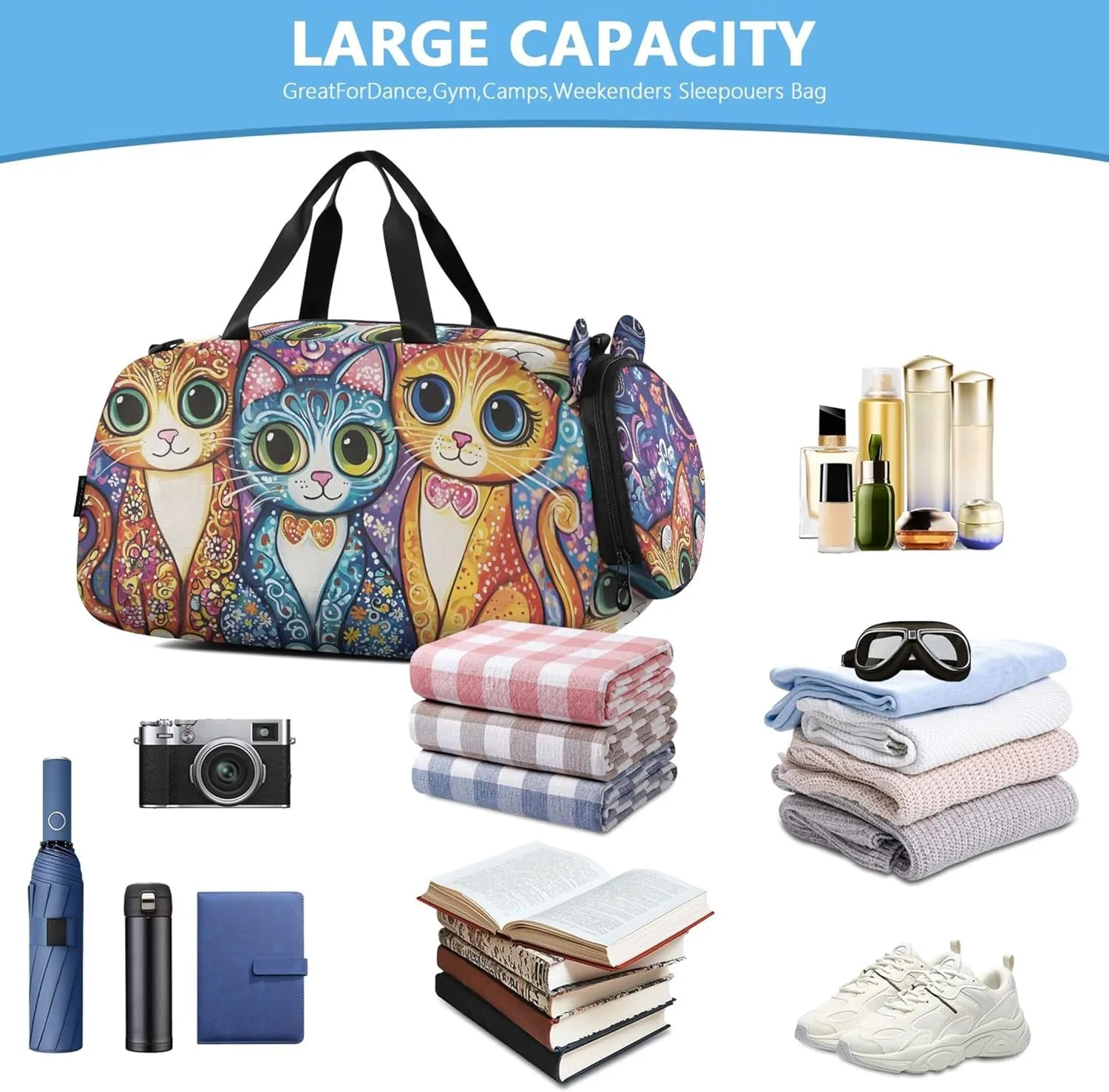 Cats Big Eyes Girls Tote Duffle Bags Travel Overnight Bags Toddler Carry on Duffel Bag Boy Dance Kids Luggage