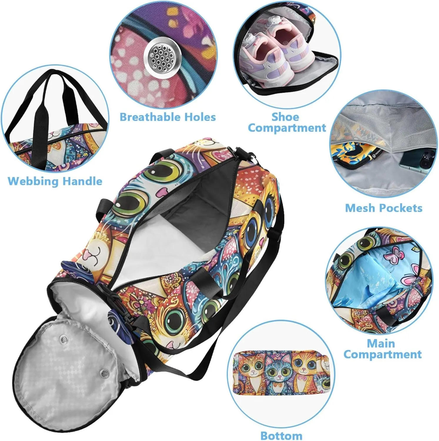 Cats Big Eyes Girls Tote Duffle Bags Travel Overnight Bags Toddler Carry on Duffel Bag Boy Dance Kids Luggage