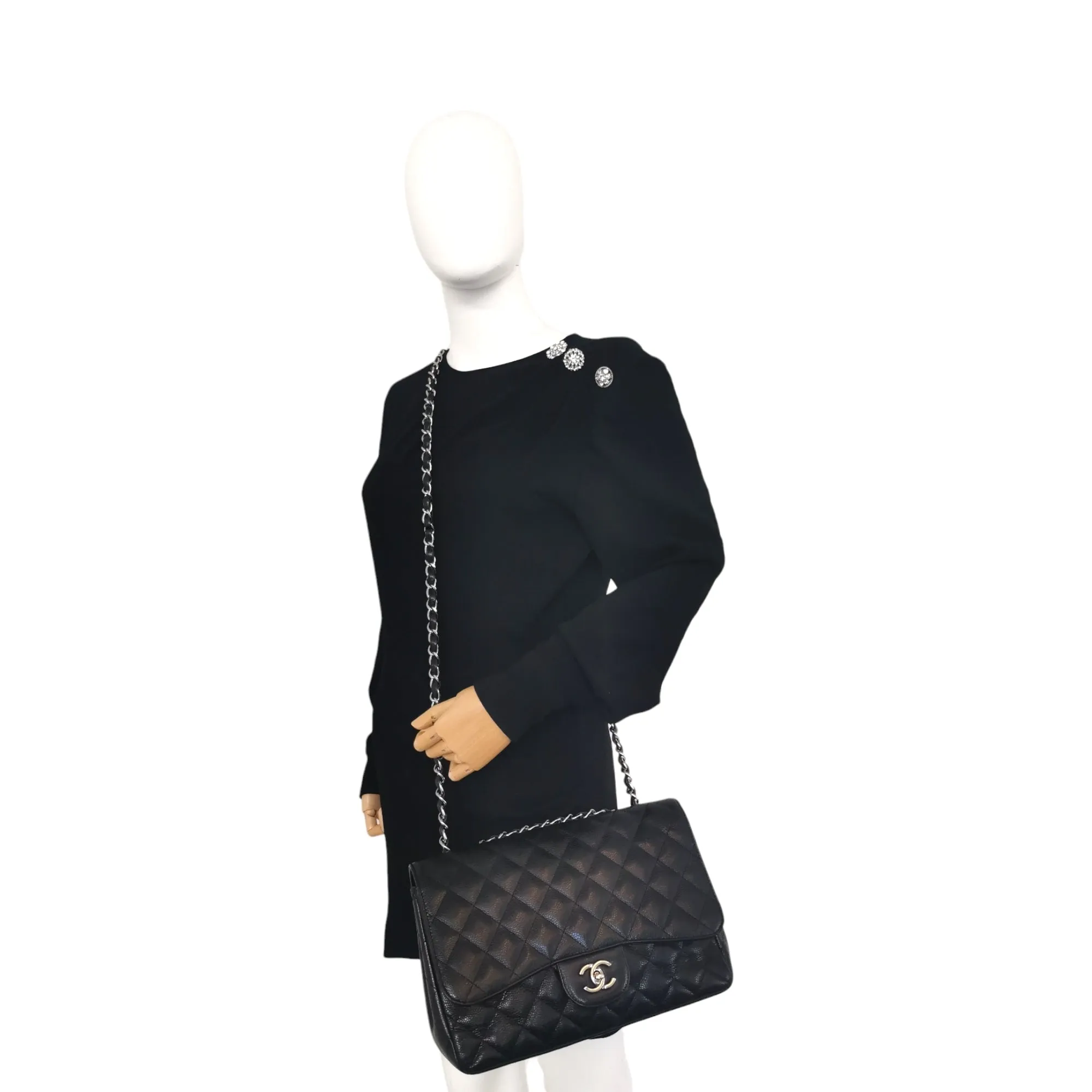 Chanel Classic Single Flap Jumbo Black Caviar Silver