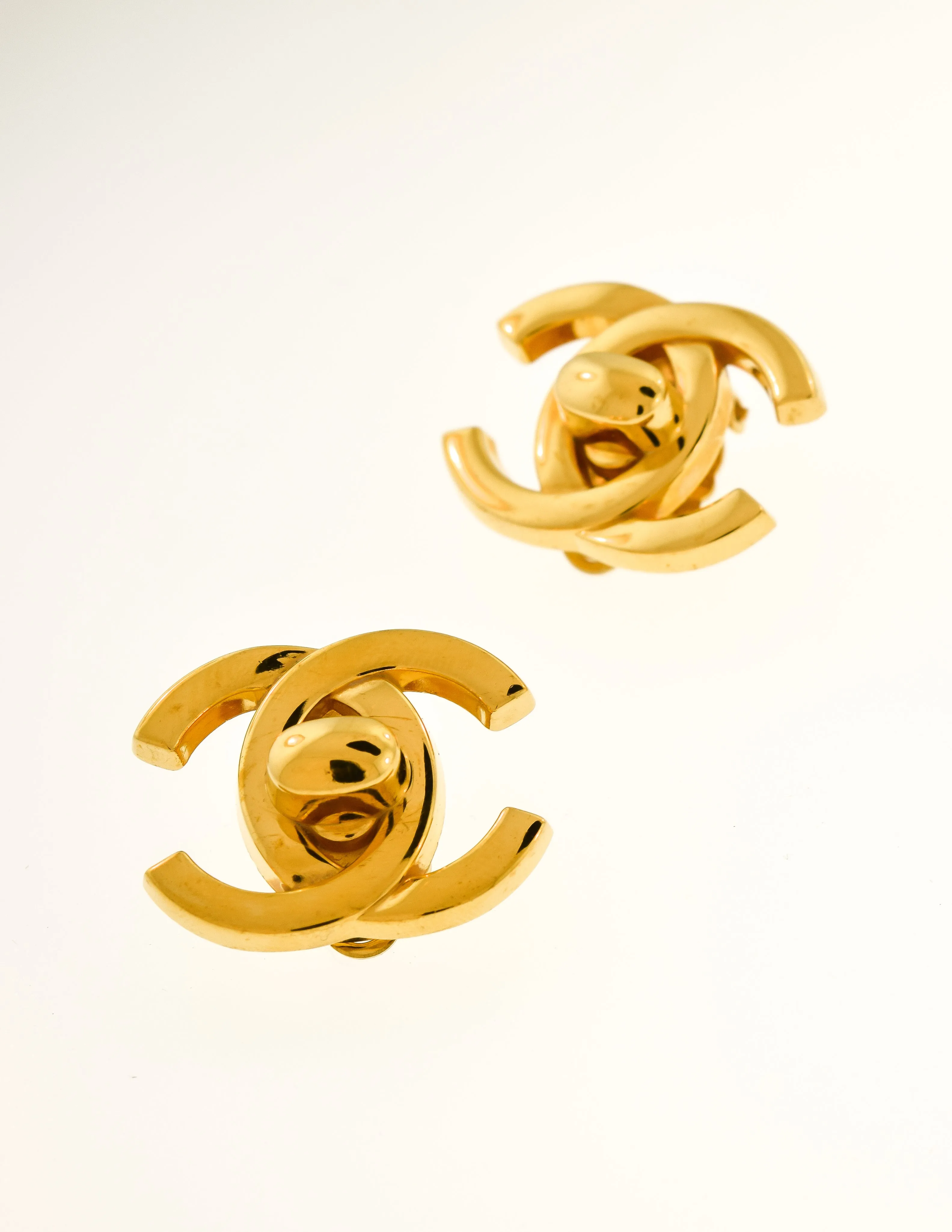 Chanel Vintage Gold CC Logo Turnlock Earrings