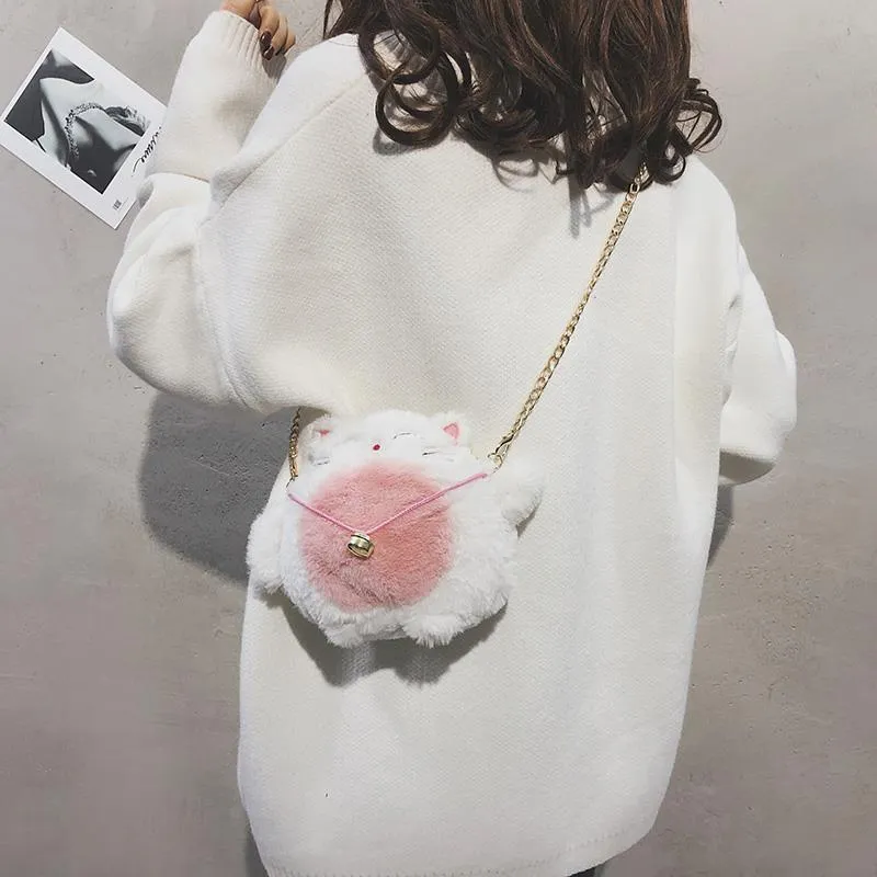 Christmas Gift The new lucky cat fur bag female 2020 trendy messenger bags plush cute small Bolsa cute gift winter Sac A Dos Mochila Mujer