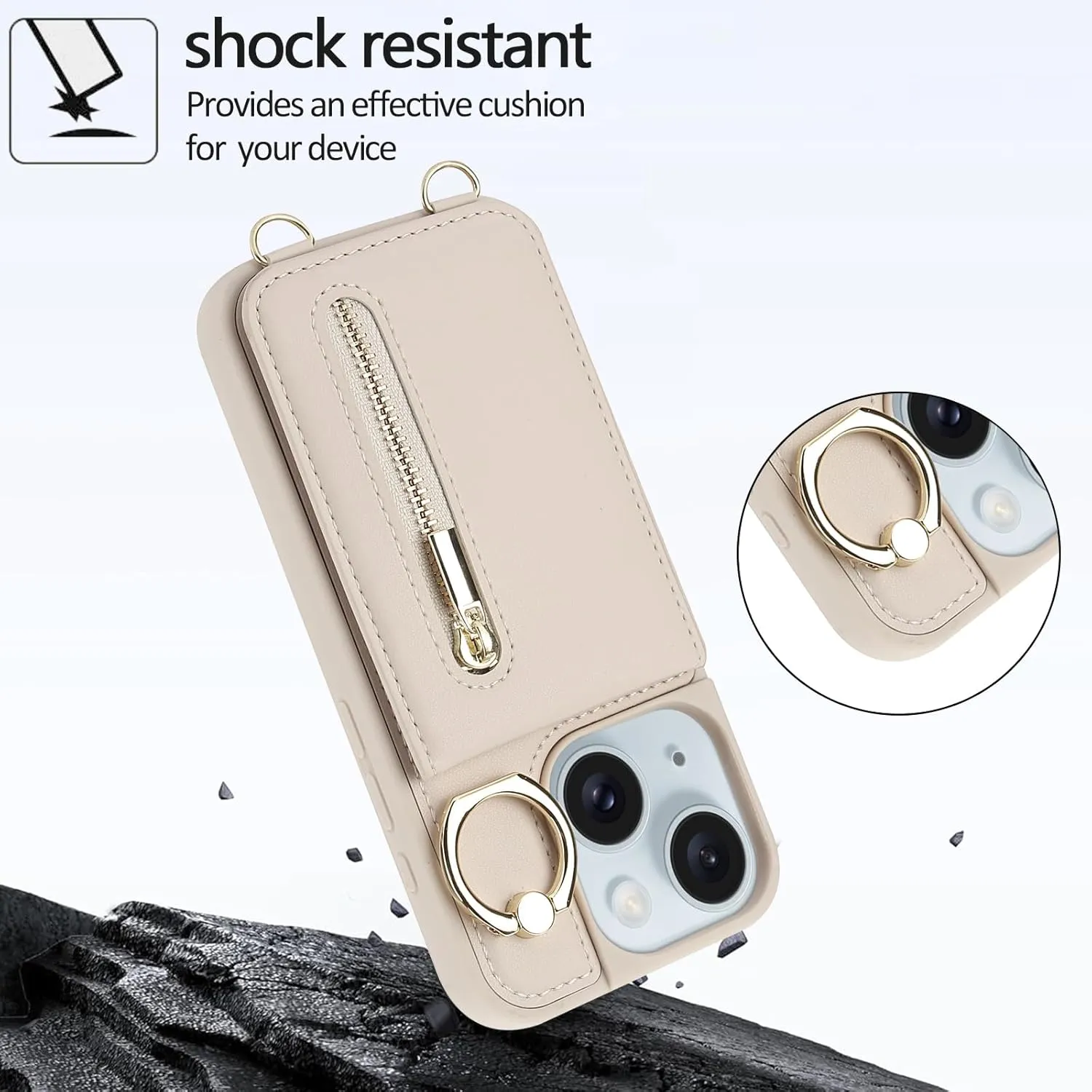Crossbody Wallet Case for iPhone 13/14 with Lanyard Strap Card Slot Holder RFID Blocking 360 Ring Kickstand,Magnetic Flip Folio Zipper Purse Case, PU Leather Cover Handbag,Beige