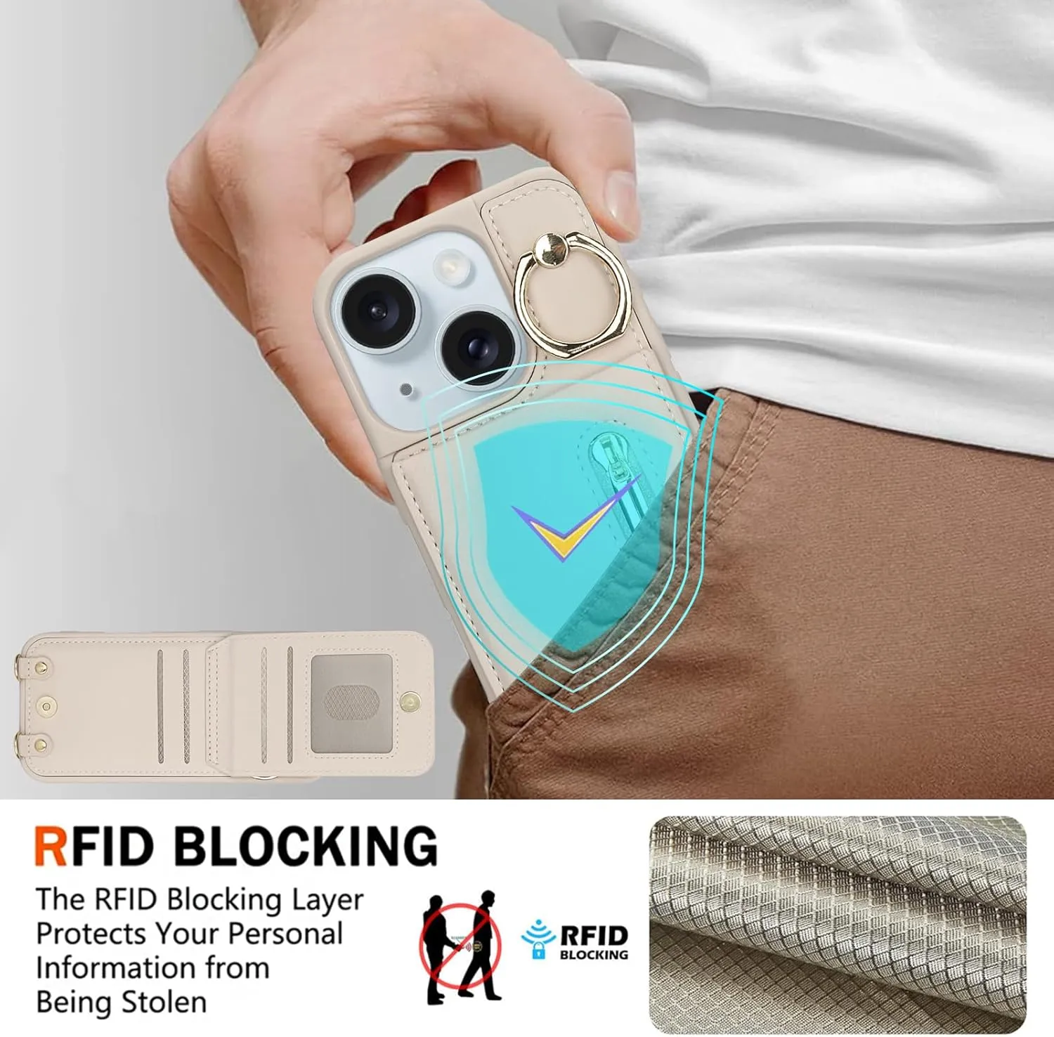 Crossbody Wallet Case for iPhone 13/14 with Lanyard Strap Card Slot Holder RFID Blocking 360 Ring Kickstand,Magnetic Flip Folio Zipper Purse Case, PU Leather Cover Handbag,Beige