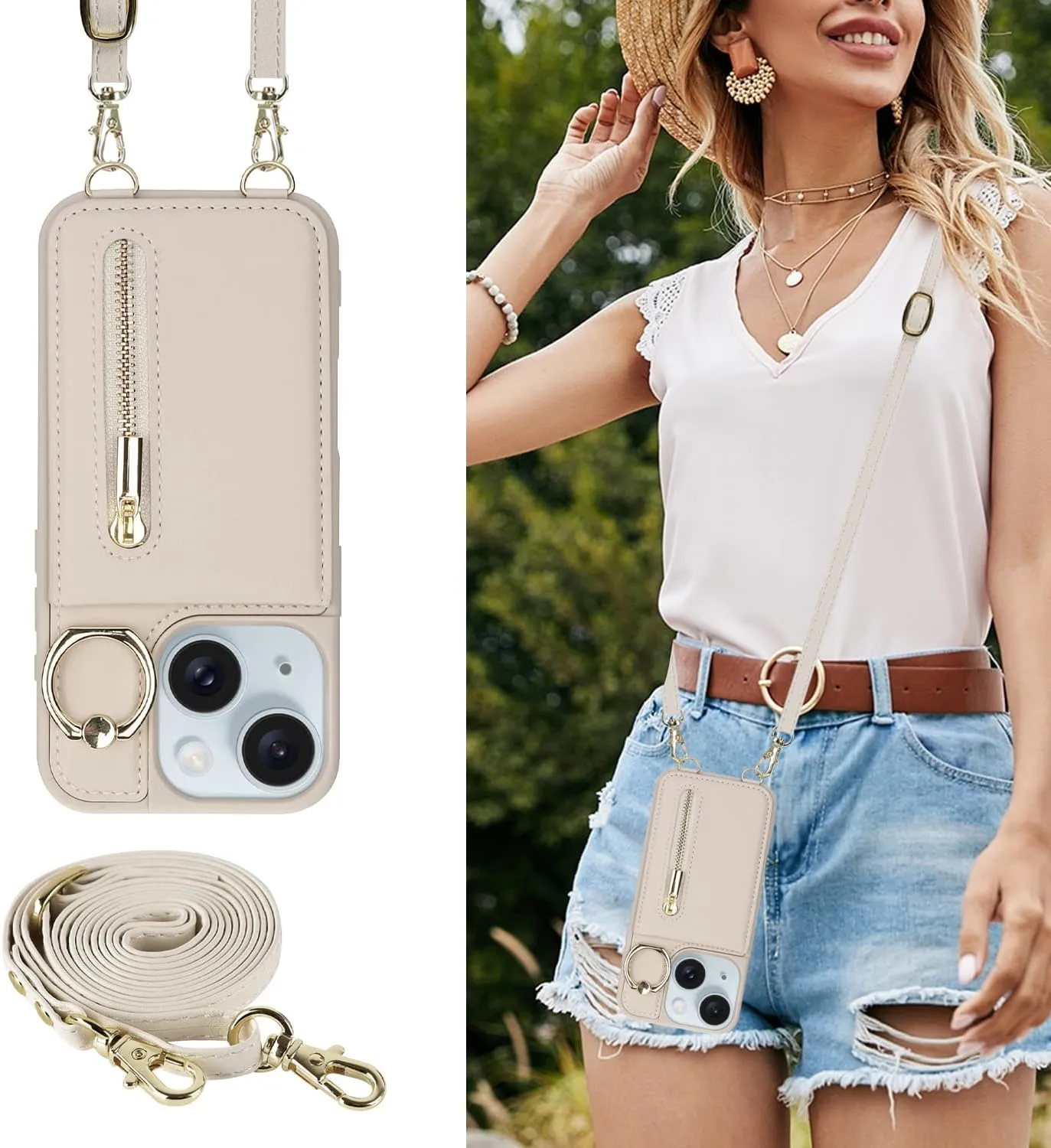 Crossbody Wallet Case for iPhone 13/14 with Lanyard Strap Card Slot Holder RFID Blocking 360 Ring Kickstand,Magnetic Flip Folio Zipper Purse Case, PU Leather Cover Handbag,Beige