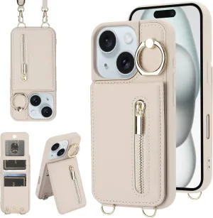 Crossbody Wallet Case for iPhone 13/14 with Lanyard Strap Card Slot Holder RFID Blocking 360 Ring Kickstand,Magnetic Flip Folio Zipper Purse Case, PU Leather Cover Handbag,Beige
