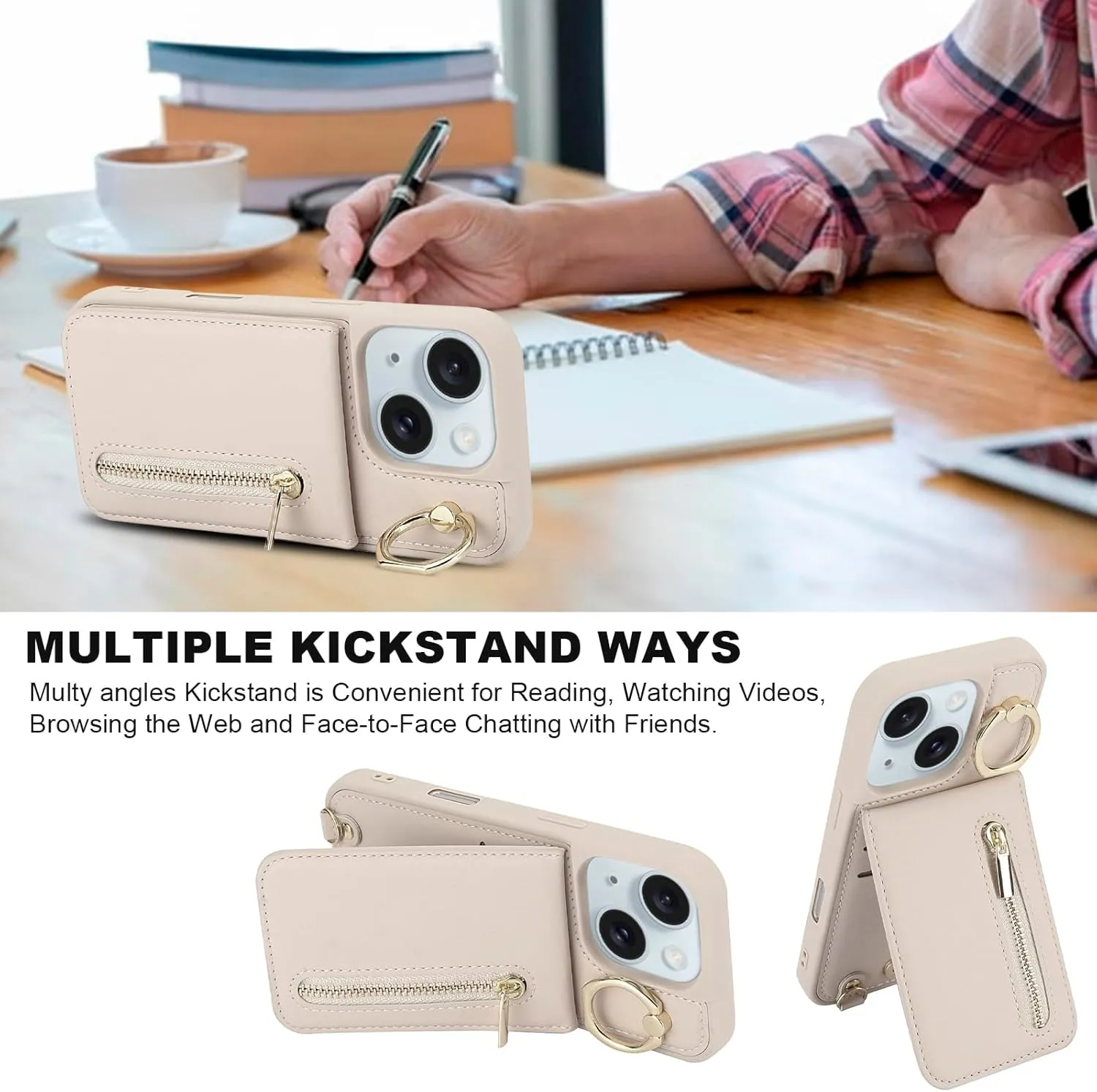 Crossbody Wallet Case for iPhone 13/14 with Lanyard Strap Card Slot Holder RFID Blocking 360 Ring Kickstand,Magnetic Flip Folio Zipper Purse Case, PU Leather Cover Handbag,Beige
