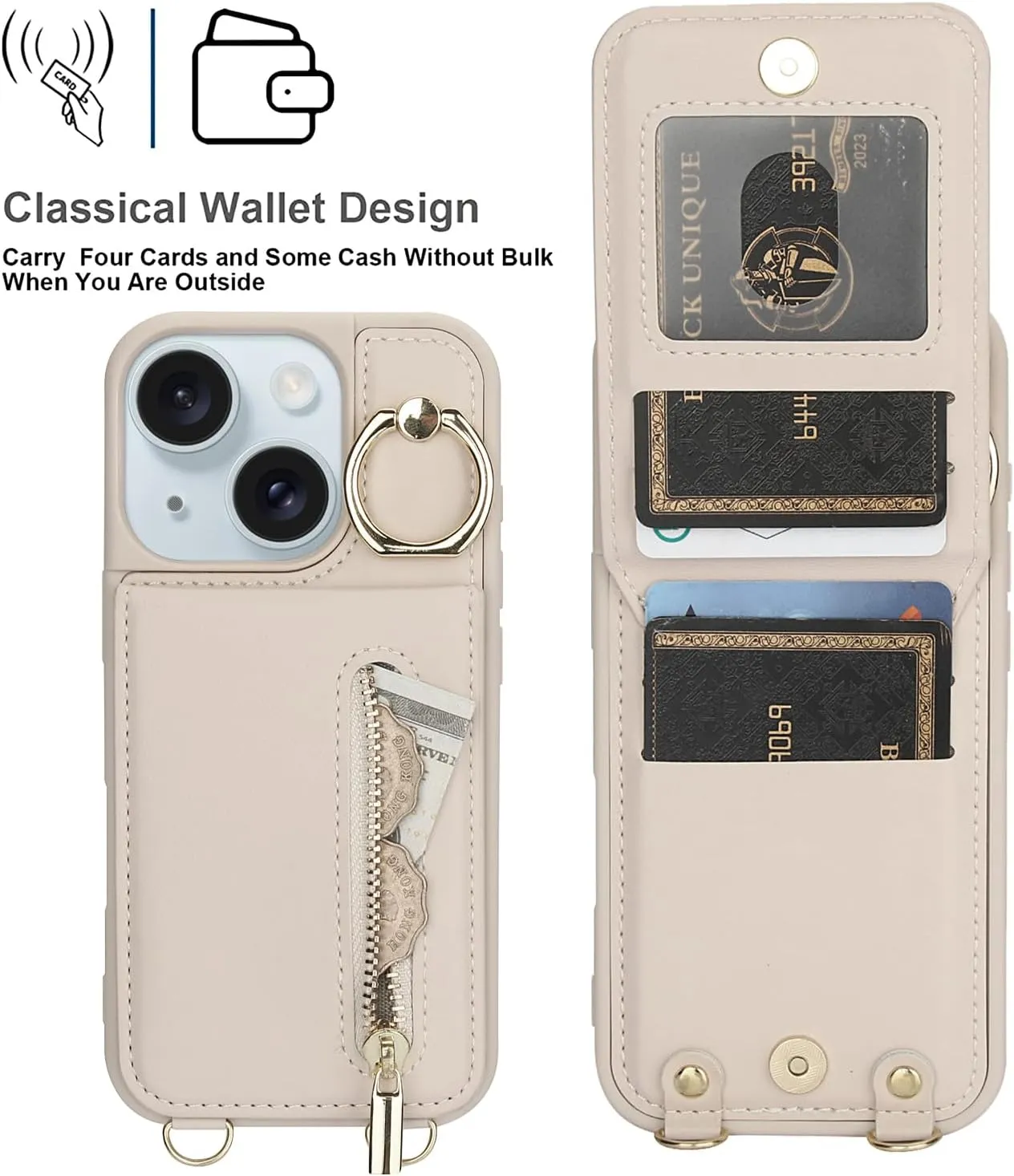 Crossbody Wallet Case for iPhone 13/14 with Lanyard Strap Card Slot Holder RFID Blocking 360 Ring Kickstand,Magnetic Flip Folio Zipper Purse Case, PU Leather Cover Handbag,Beige