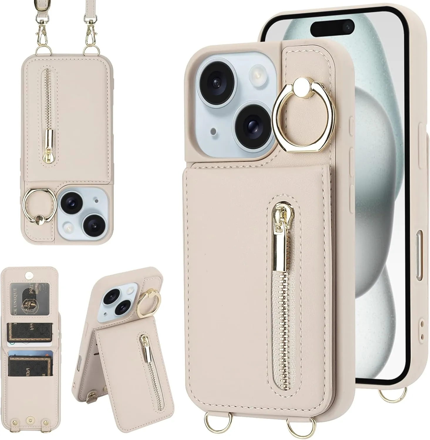 Crossbody Wallet Case for iPhone 13/14 with Lanyard Strap Card Slot Holder RFID Blocking 360 Ring Kickstand,Magnetic Flip Folio Zipper Purse Case, PU Leather Cover Handbag,Beige
