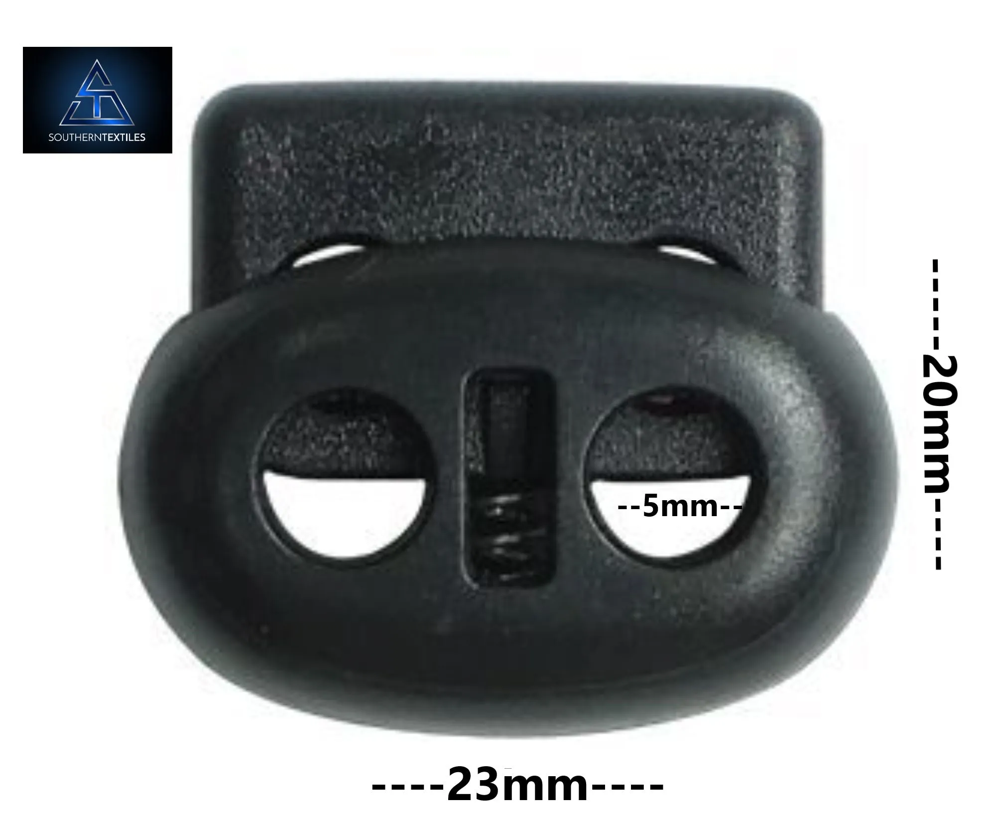 Double Hole Cord Lock/Slide Lock/Toggle/Paracord Spring Loaded Black Plastic (5mm hole)