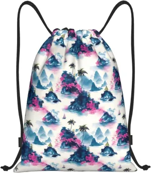 Drawstring Backpack - Summer Island Print Small Drawstring Gym Bag for Women Men, Sports Cinch String Bag Backpack for Travel Swimming Beach