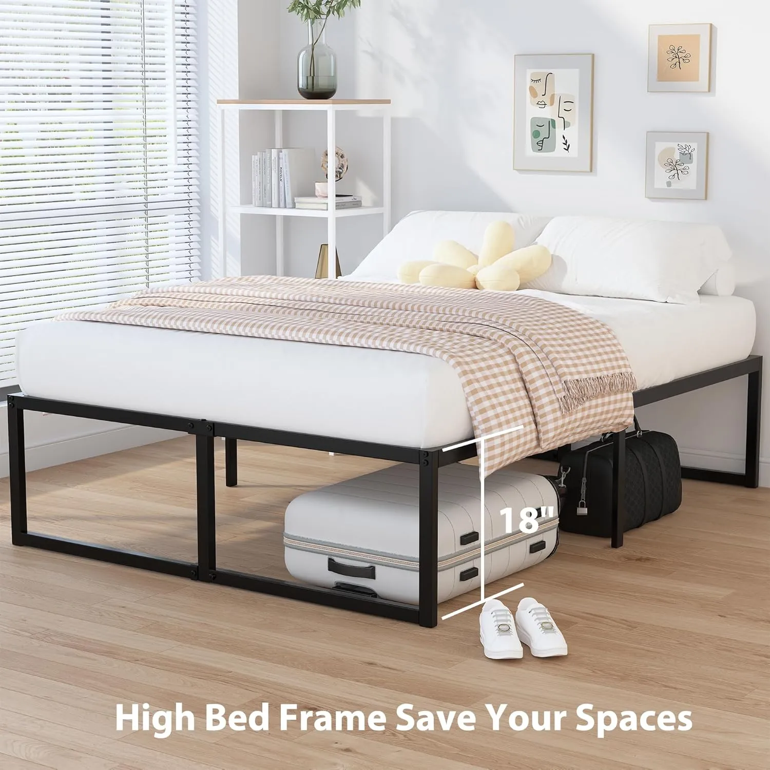 EMODA 16 Inch Queen Bed Frame No Box Spring Needed Heavy Duty Metal Platform BedFrame Queen Size with Steel Slats, Easy Assembly, Black