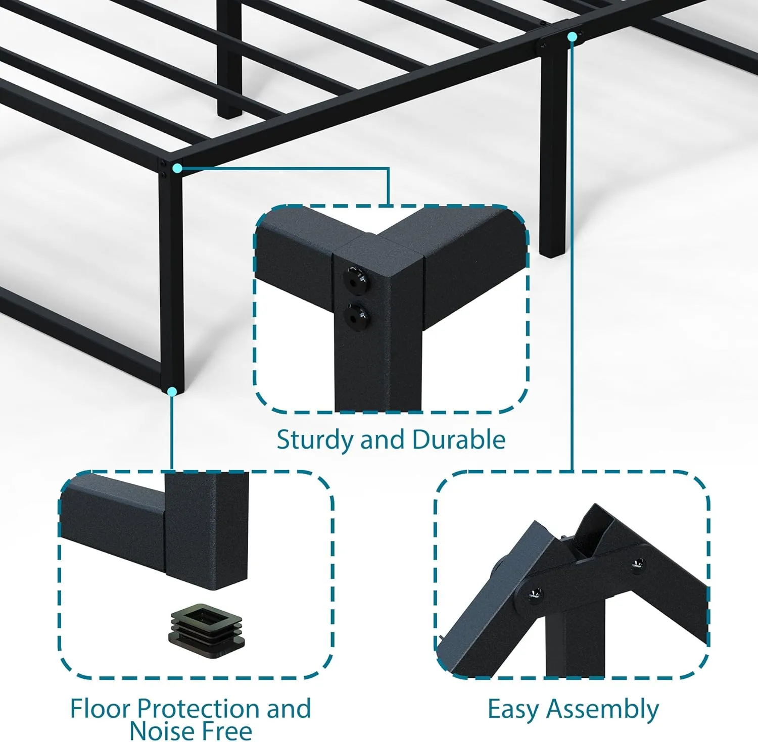 EMODA 16 Inch Queen Bed Frame No Box Spring Needed Heavy Duty Metal Platform BedFrame Queen Size with Steel Slats, Easy Assembly, Black