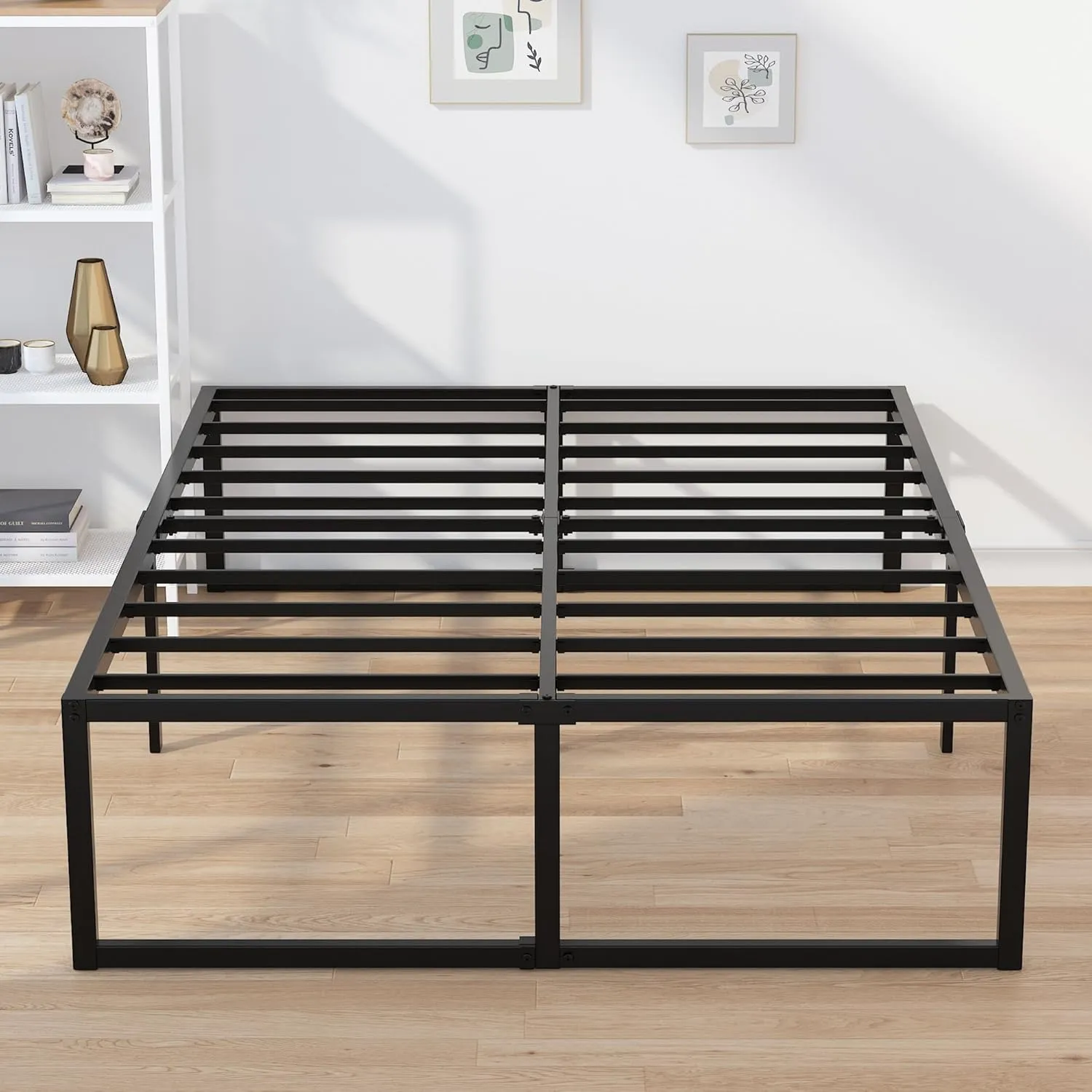 EMODA 16 Inch Queen Bed Frame No Box Spring Needed Heavy Duty Metal Platform BedFrame Queen Size with Steel Slats, Easy Assembly, Black