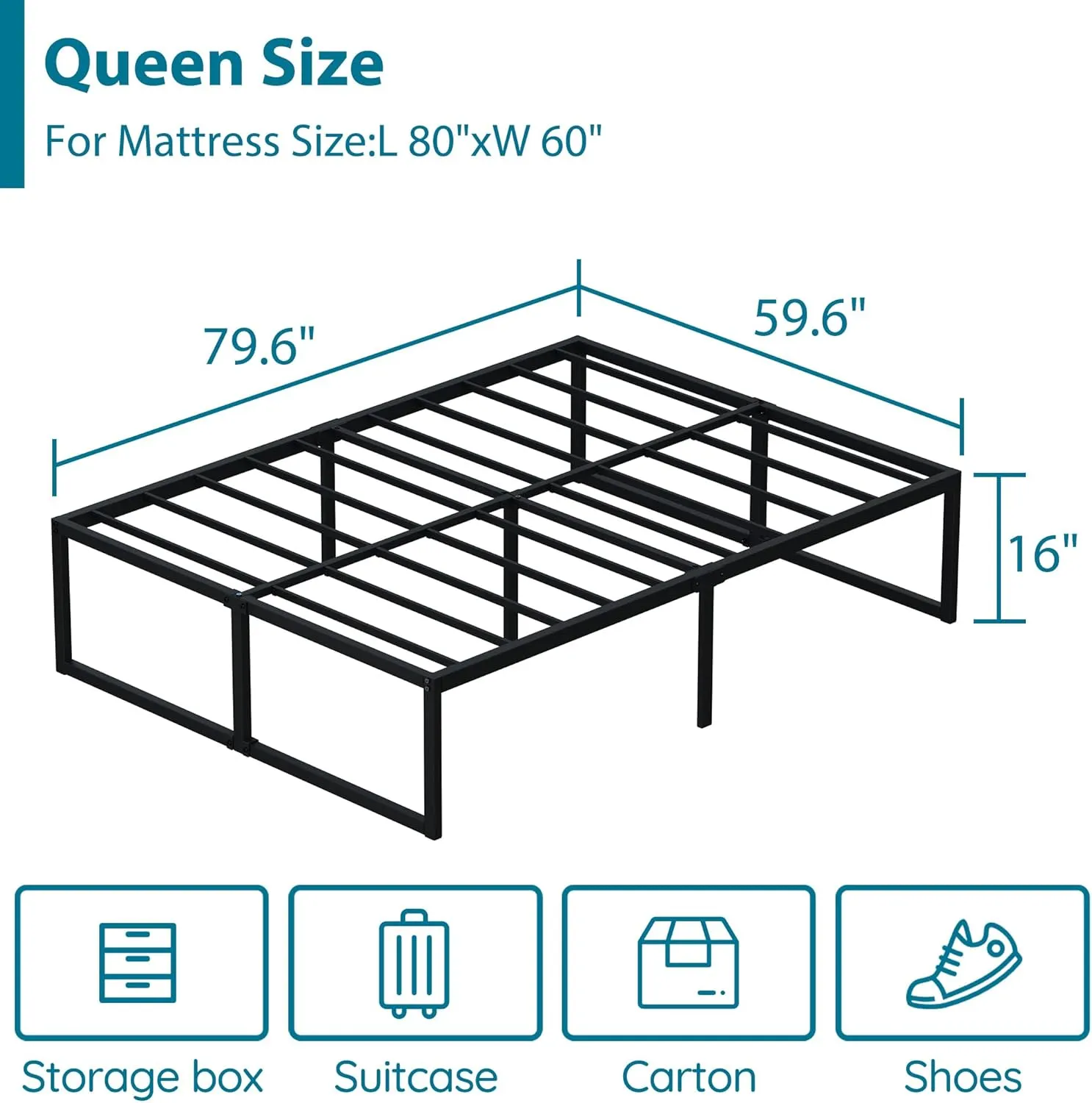 EMODA 16 Inch Queen Bed Frame No Box Spring Needed Heavy Duty Metal Platform BedFrame Queen Size with Steel Slats, Easy Assembly, Black
