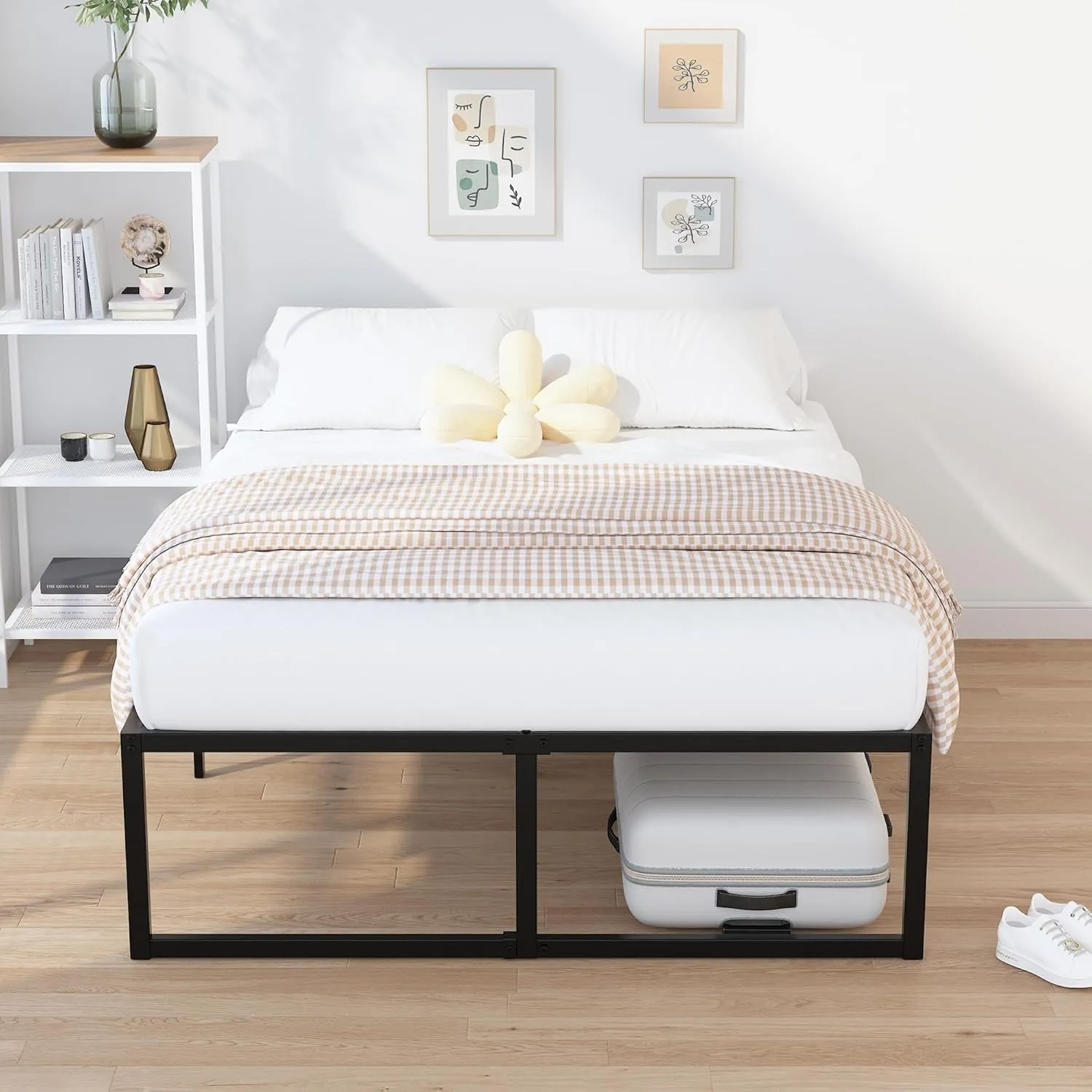 EMODA 16 Inch Queen Bed Frame No Box Spring Needed Heavy Duty Metal Platform BedFrame Queen Size with Steel Slats, Easy Assembly, Black