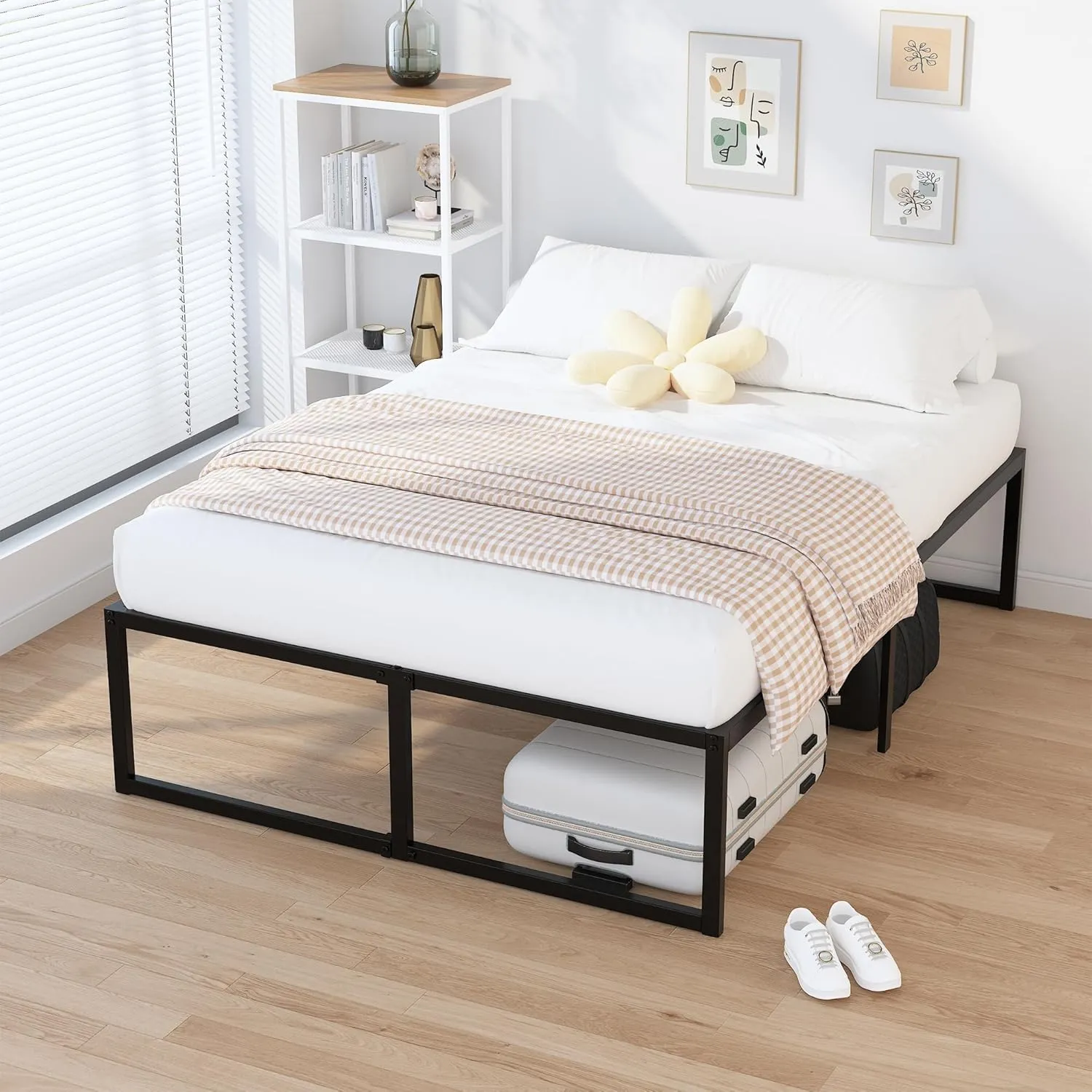 EMODA 16 Inch Queen Bed Frame No Box Spring Needed Heavy Duty Metal Platform BedFrame Queen Size with Steel Slats, Easy Assembly, Black