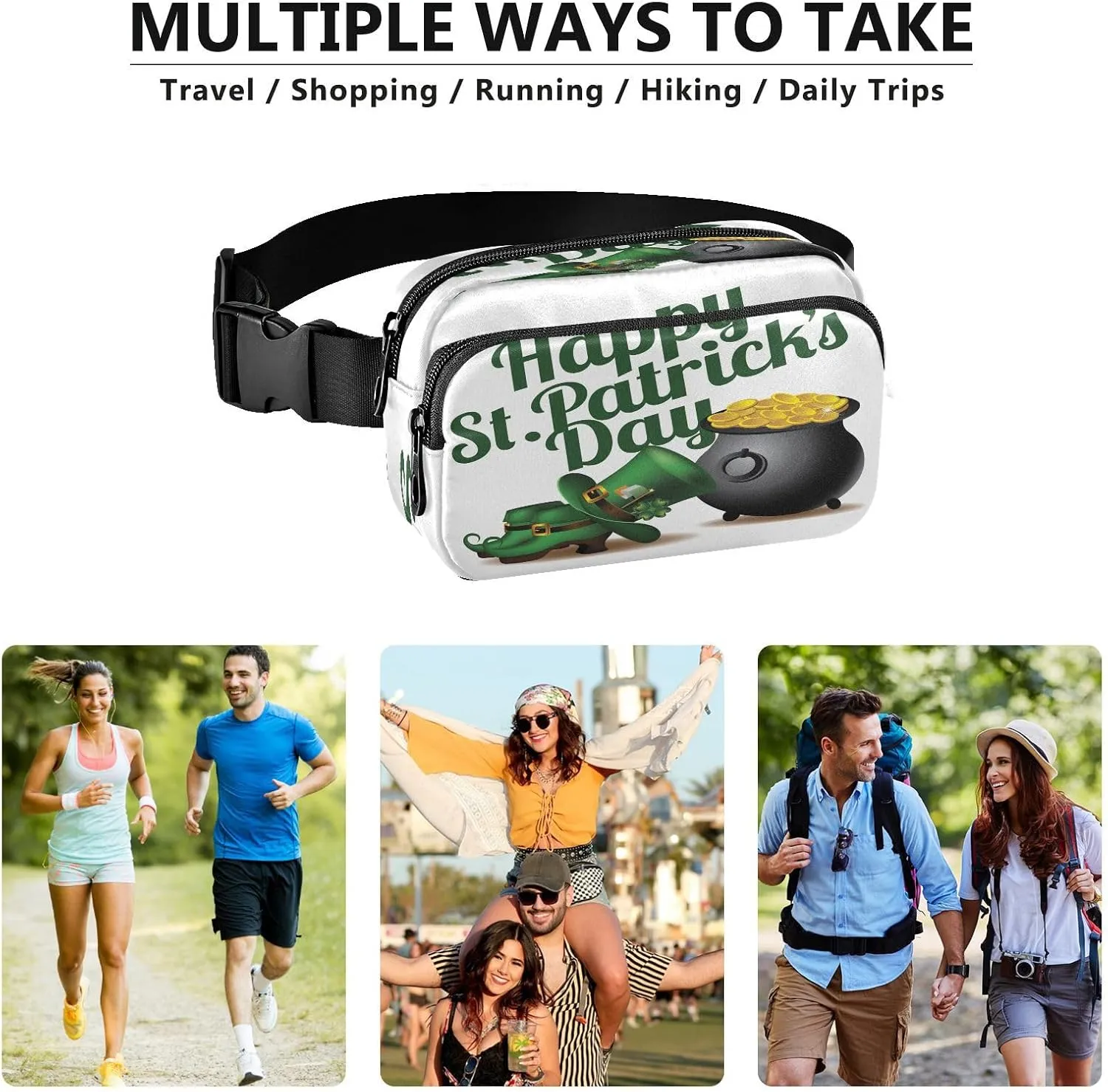 Fanny Packs for Women Men Happy St Patrick's Day Belt Bag Waterproof Fashion Waist Pack with Adjustable Strap Gold Coin Waist Bag Hip Bumbags for Running Workout Travel Hiking Cycling