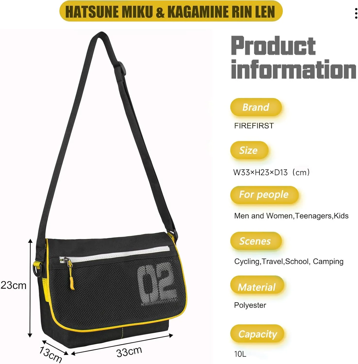 FIREFIRST Crossbody Shoulder Messenger Bag for Hatsune Miku & Kagamine Rin/Len for Men Women