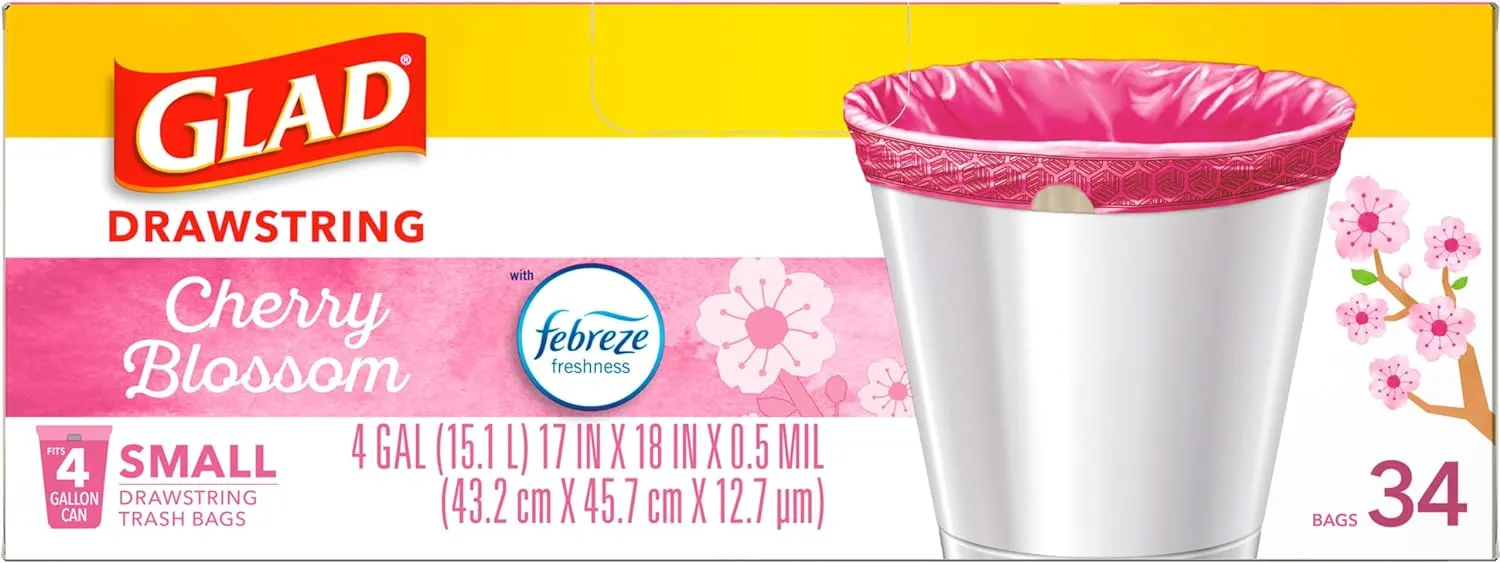 Glad Odorshield Small Drawstring Trash Bags, 4 Gal, Pink, Cherry Blossom, 34 Ct, Pack May Vary