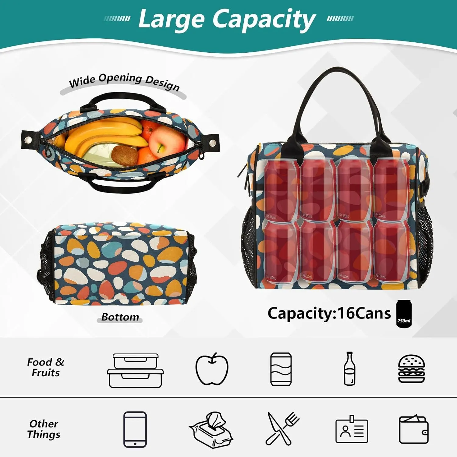 JIPONI Pebble Stones Insulated Lunch Bag for Women, Lunch Box With Adjustable Shoulder Belt Cooler Tote Bags For Work, Camping, Picnic