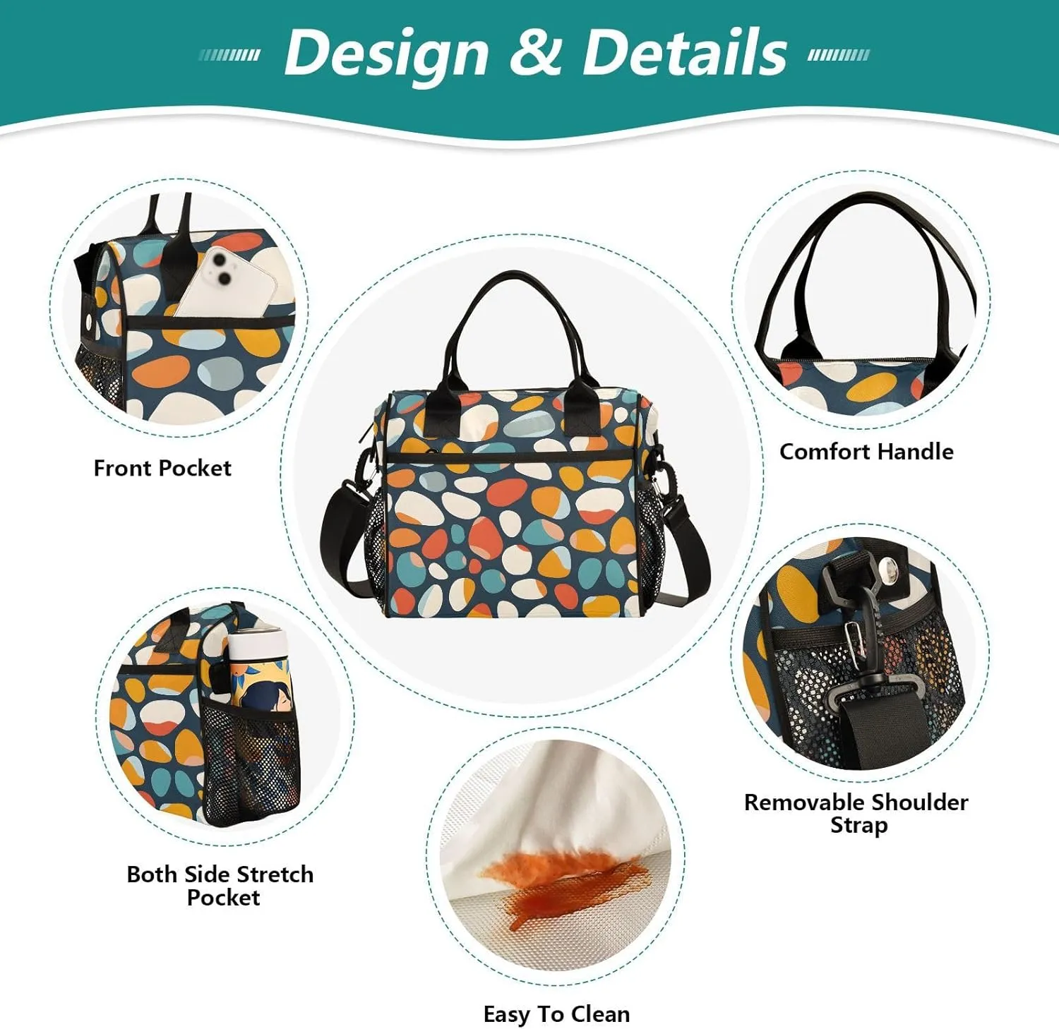 JIPONI Pebble Stones Insulated Lunch Bag for Women, Lunch Box With Adjustable Shoulder Belt Cooler Tote Bags For Work, Camping, Picnic