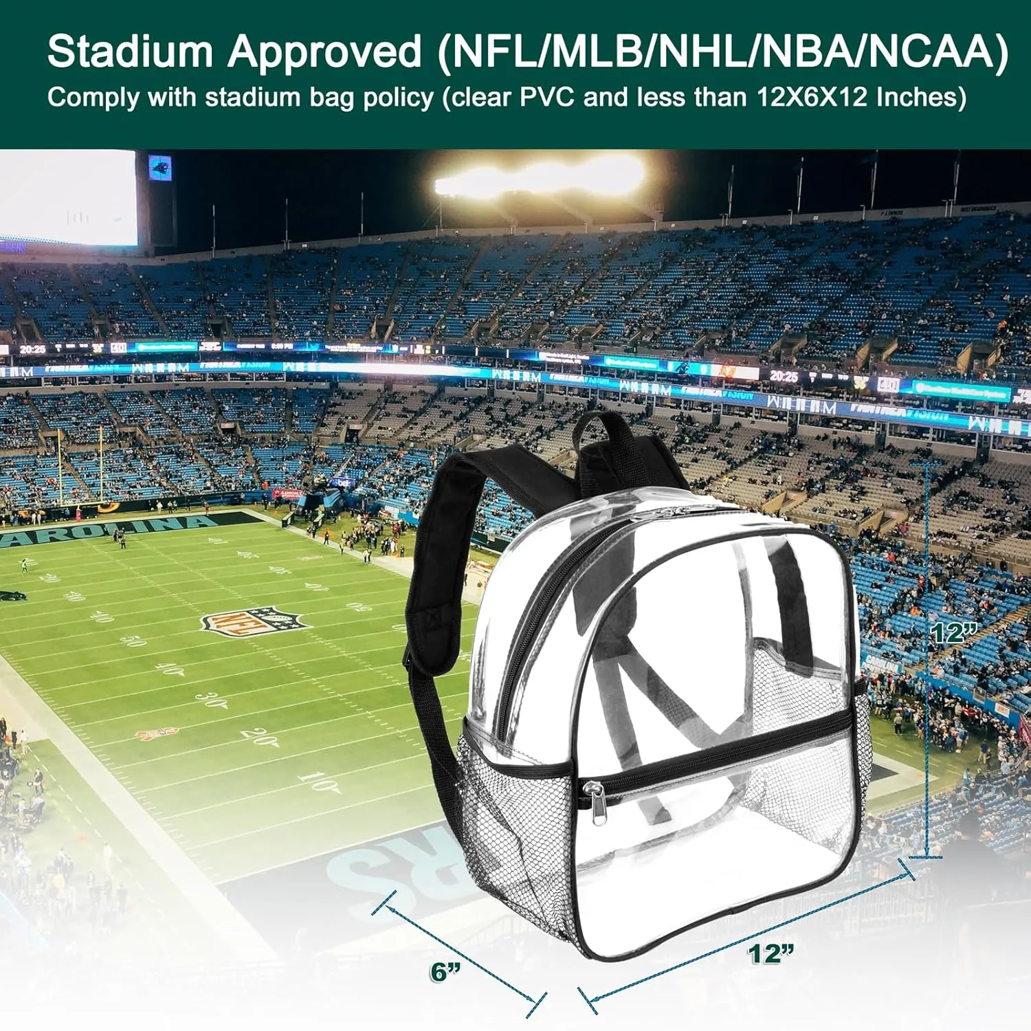 Keepcross 12x6x12 Clear Backpack Stadium Approved with Reinforced Straps,Small Mini Clear Bag for Stadium Events,Sports Events,Concerts,Festivals,Game - Black
