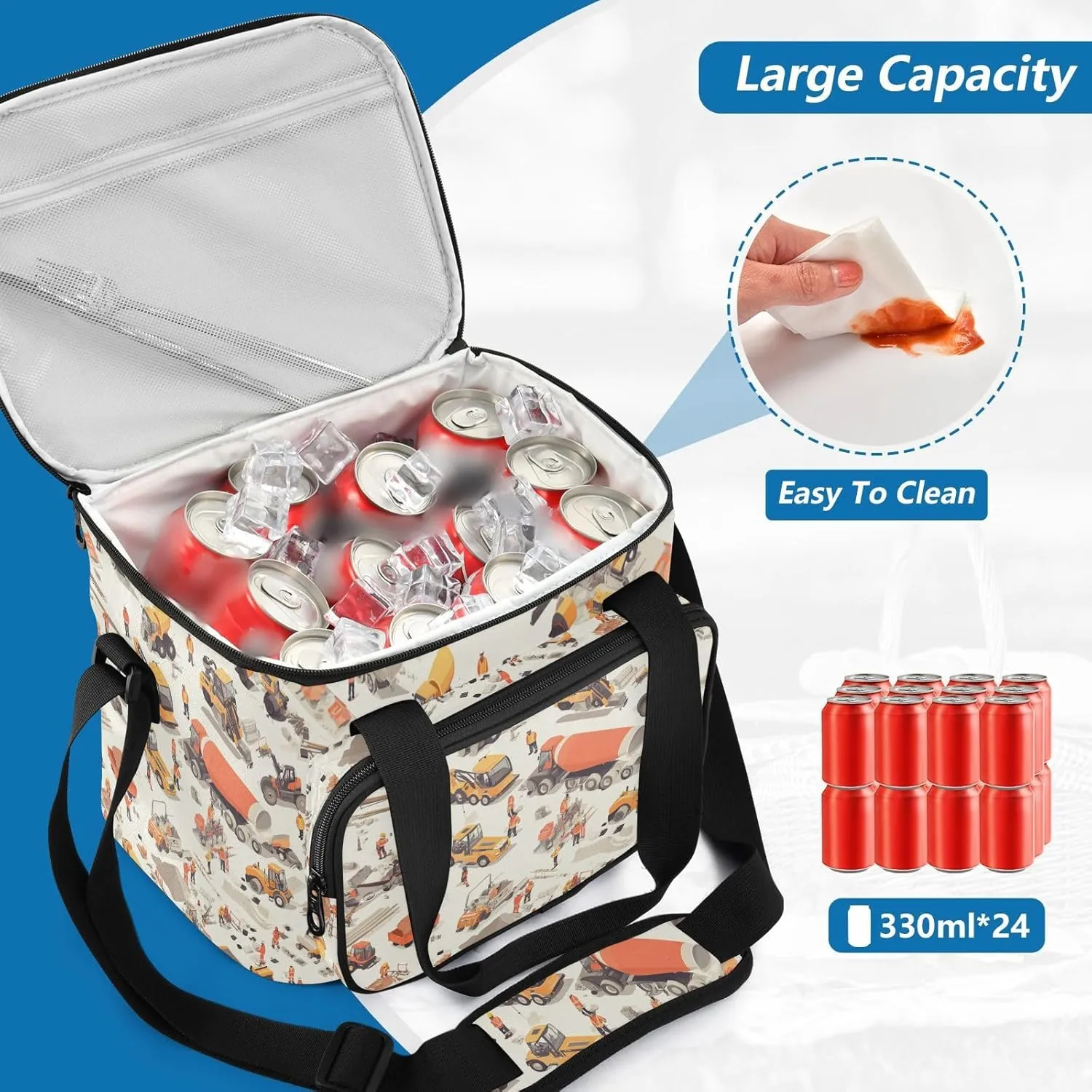 KLL Construction Scene Highway Loader Concrete Mixer Truck Large Capacity Lunch Boxes with Shoulder Strap Insulated Lunch Box Tote Bag for Family