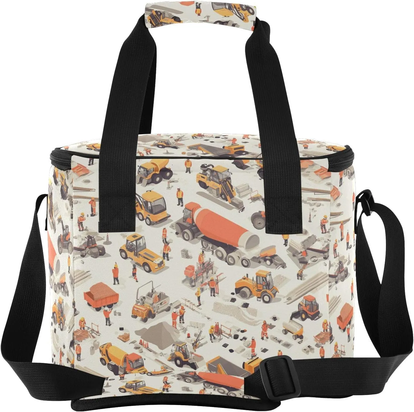 KLL Construction Scene Highway Loader Concrete Mixer Truck Large Capacity Lunch Boxes with Shoulder Strap Insulated Lunch Box Tote Bag for Family