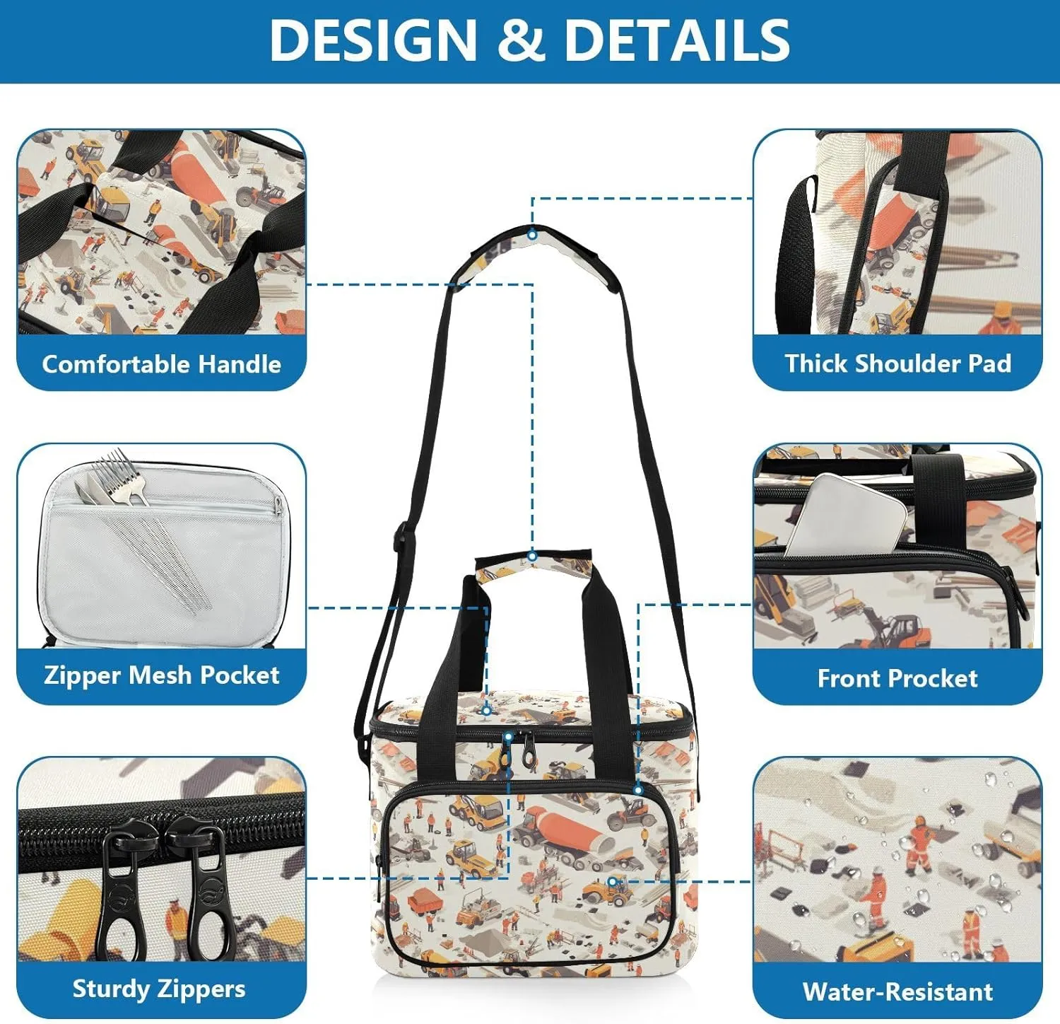 KLL Construction Scene Highway Loader Concrete Mixer Truck Large Capacity Lunch Boxes with Shoulder Strap Insulated Lunch Box Tote Bag for Family