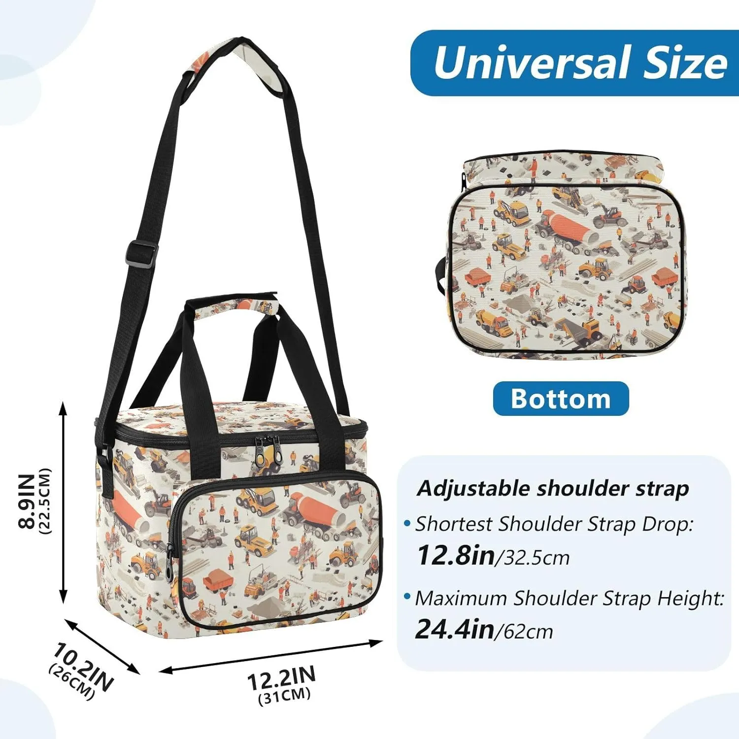 KLL Construction Scene Highway Loader Concrete Mixer Truck Large Capacity Lunch Boxes with Shoulder Strap Insulated Lunch Box Tote Bag for Family