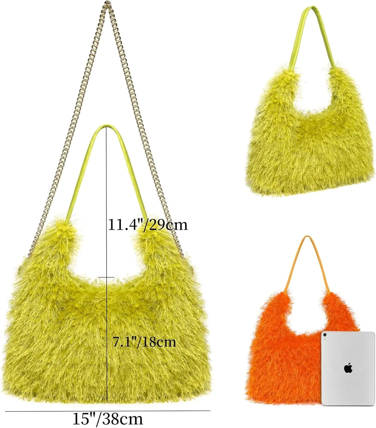 Large Furry Hobo Shoulder Crossbody Bag for Women Faux Fur Fuzzy Plush Purse and Handbag With Long Chain Strap