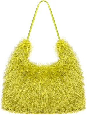 Large Furry Hobo Shoulder Crossbody Bag for Women Faux Fur Fuzzy Plush Purse and Handbag With Long Chain Strap