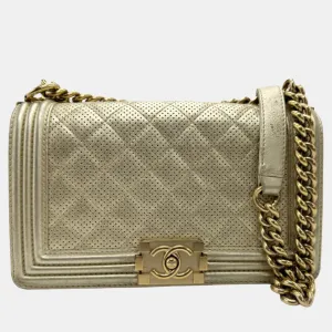 Light Gold Perforated Leather Medium Boy Shoulder Bags