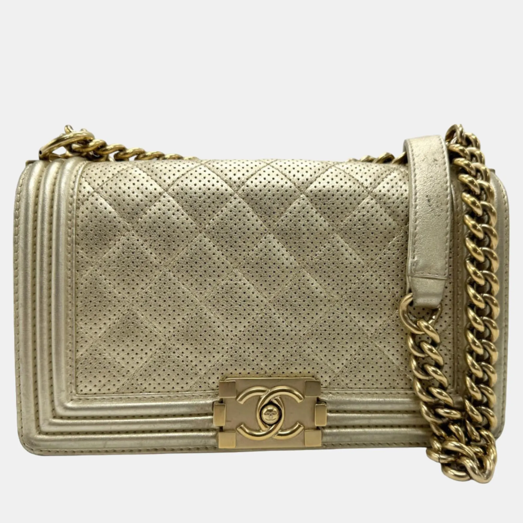 Light Gold Perforated Leather Medium Boy Shoulder Bags