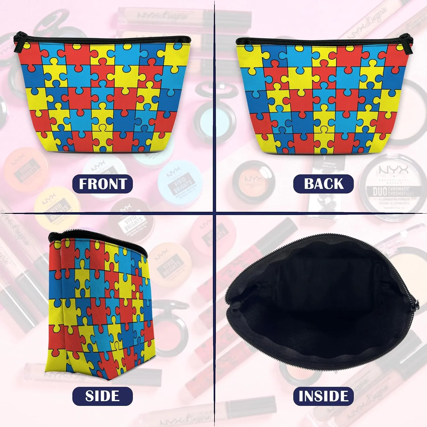 Makeup Bag for Purse, Waterproof Funny Autism Awareness Puzzles Cosmetic Bag for Women, Zipper Travel Toiletry Pouch Gift 9.55.9 Inch