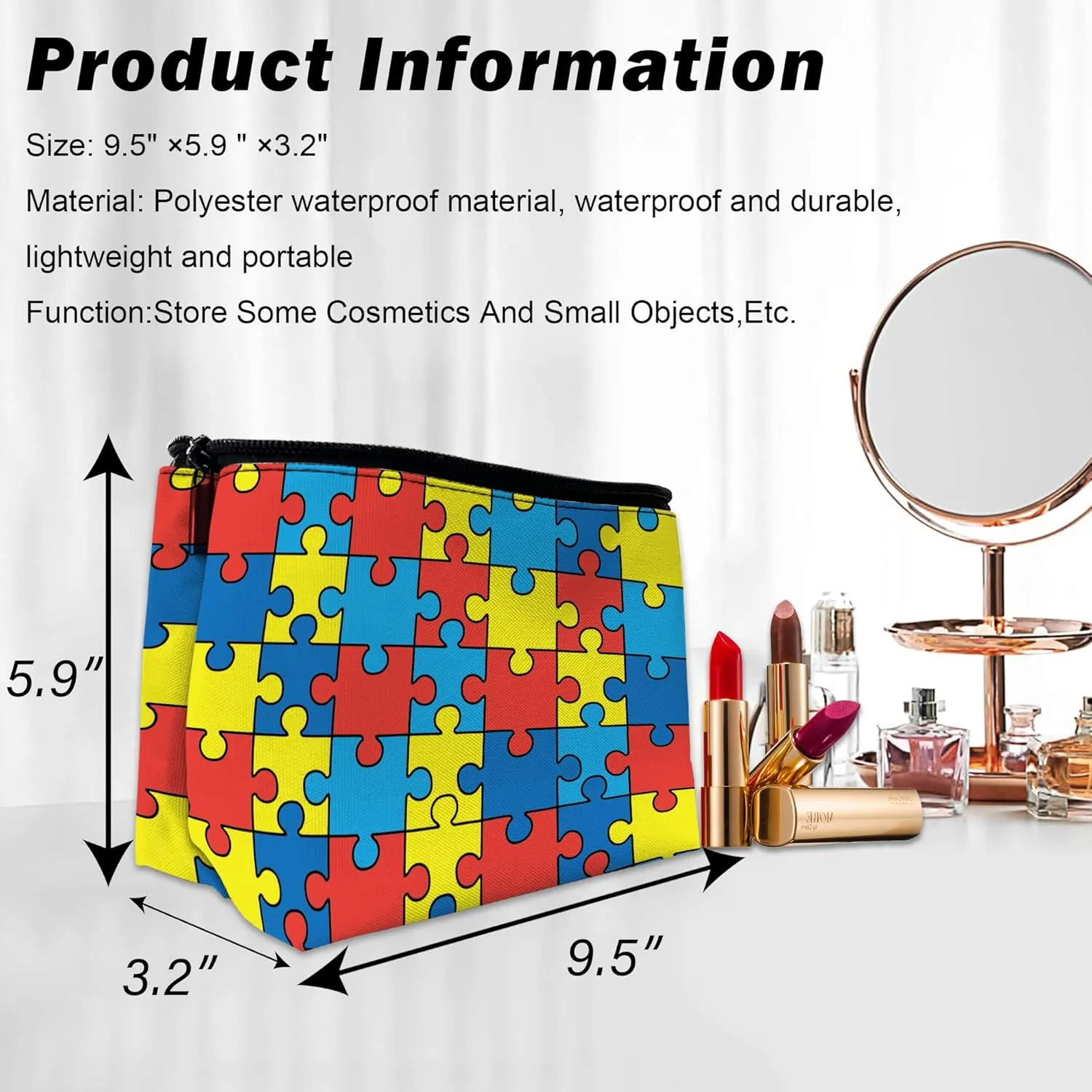 Makeup Bag for Purse, Waterproof Funny Autism Awareness Puzzles Cosmetic Bag for Women, Zipper Travel Toiletry Pouch Gift 9.55.9 Inch