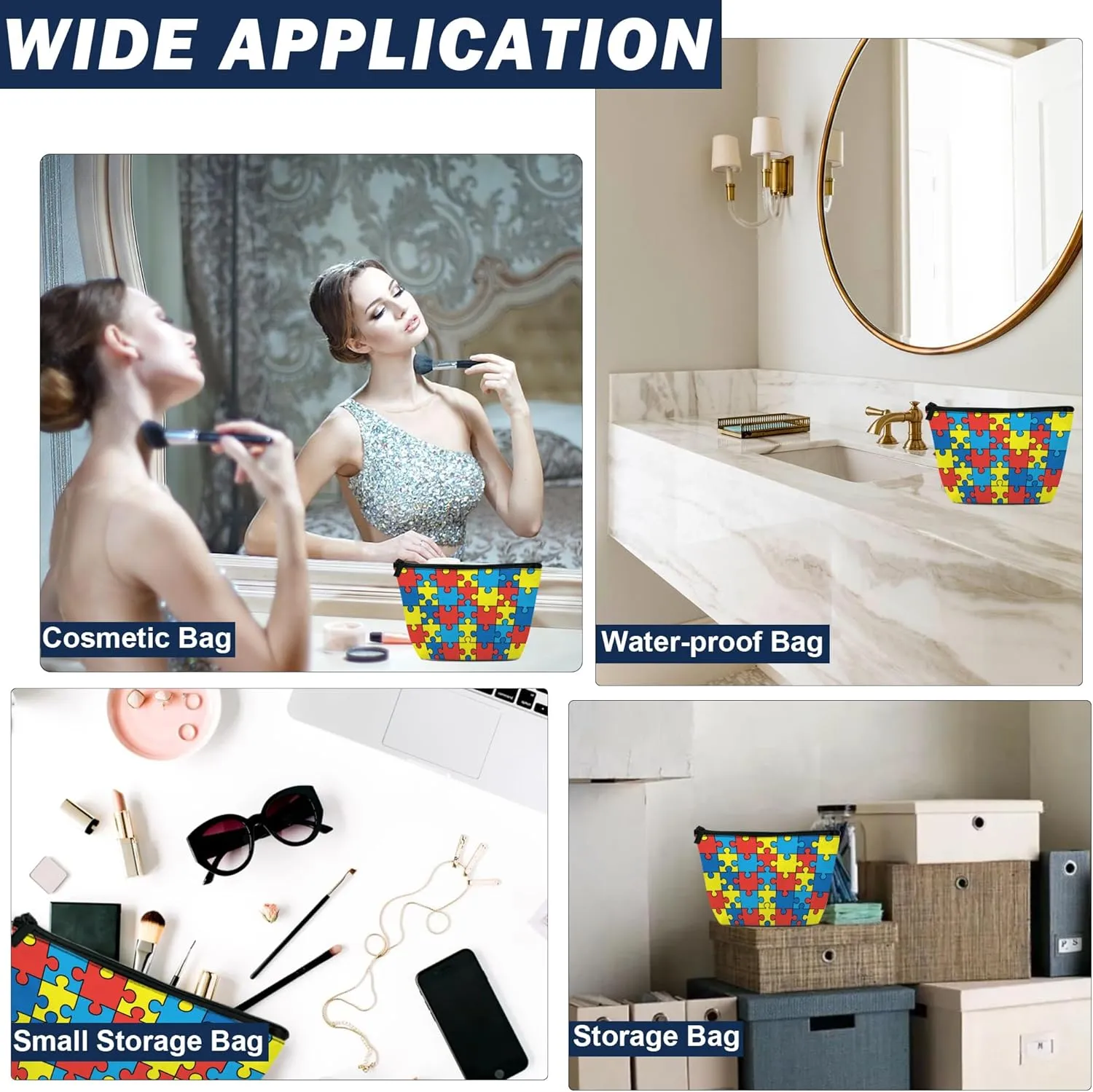 Makeup Bag for Purse, Waterproof Funny Autism Awareness Puzzles Cosmetic Bag for Women, Zipper Travel Toiletry Pouch Gift 9.55.9 Inch