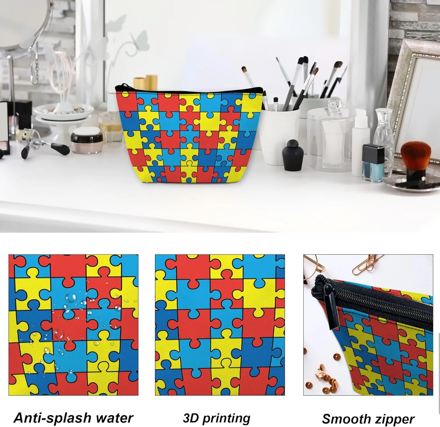 Makeup Bag for Purse, Waterproof Funny Autism Awareness Puzzles Cosmetic Bag for Women, Zipper Travel Toiletry Pouch Gift 9.55.9 Inch