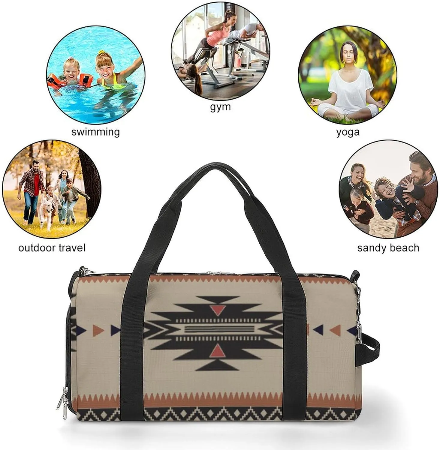 Native Tribal Woven Pattern in Browns, Black, Rust Lightweight And Large Capacity Fitness Bag