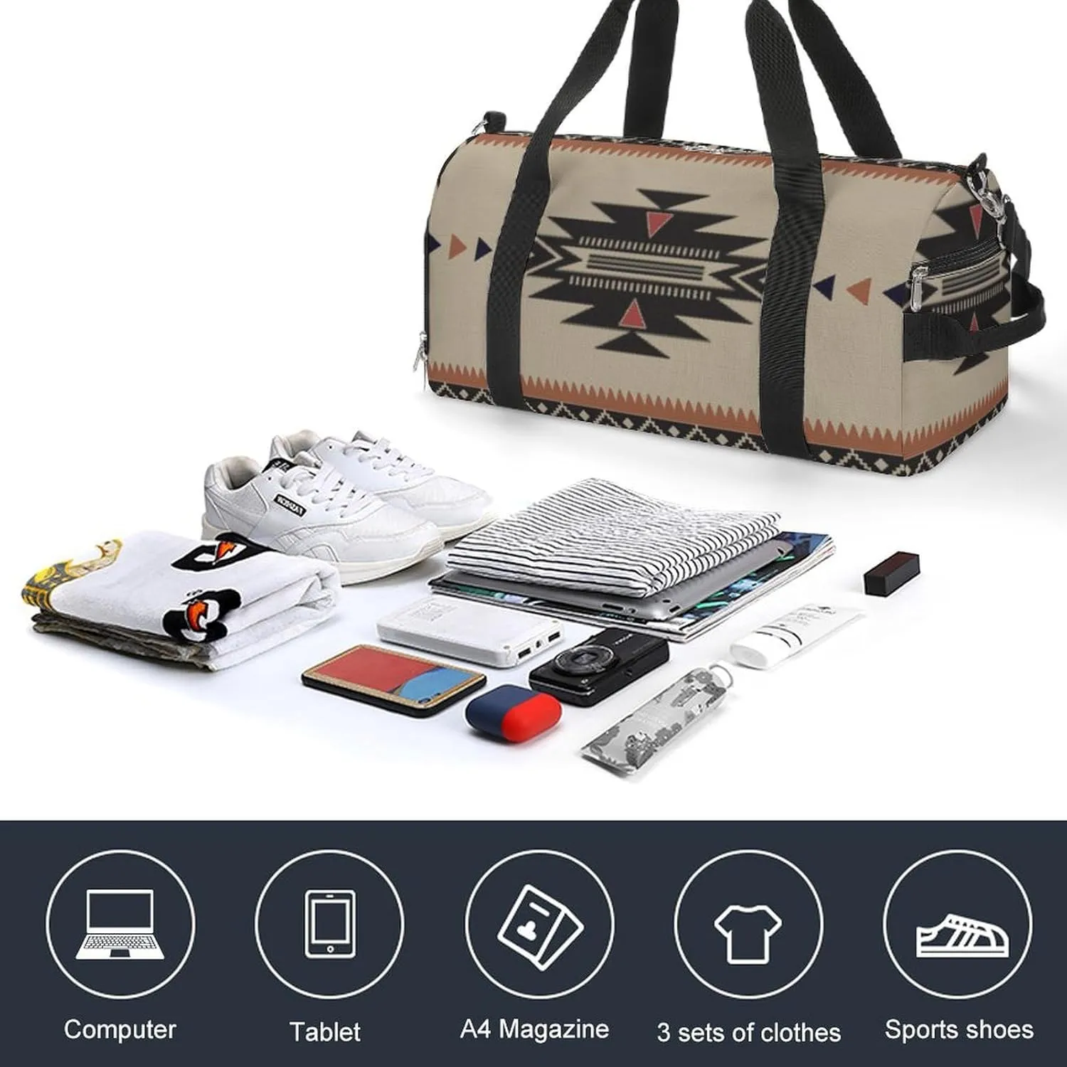 Native Tribal Woven Pattern in Browns, Black, Rust Lightweight And Large Capacity Fitness Bag